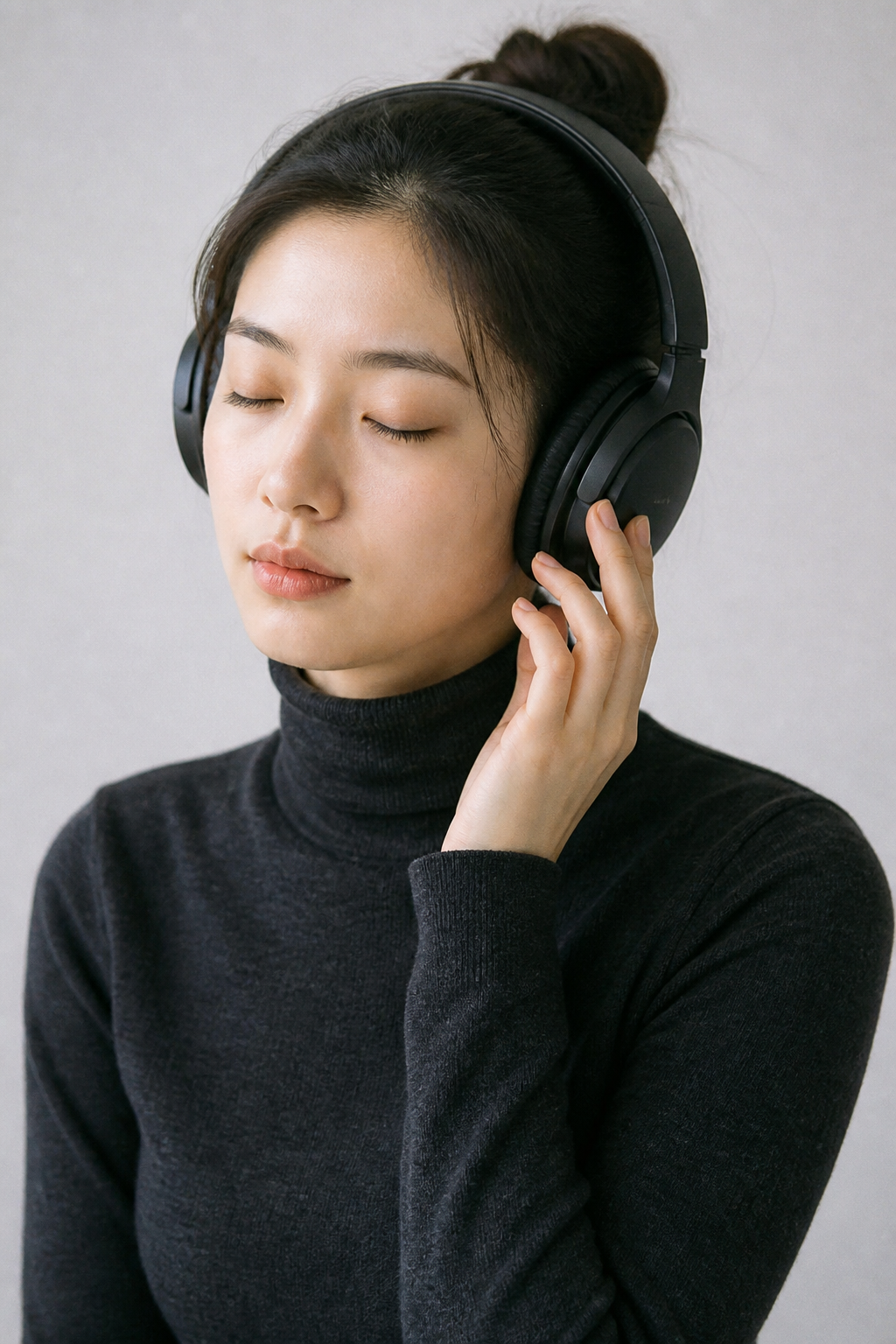 A student listening through headphones