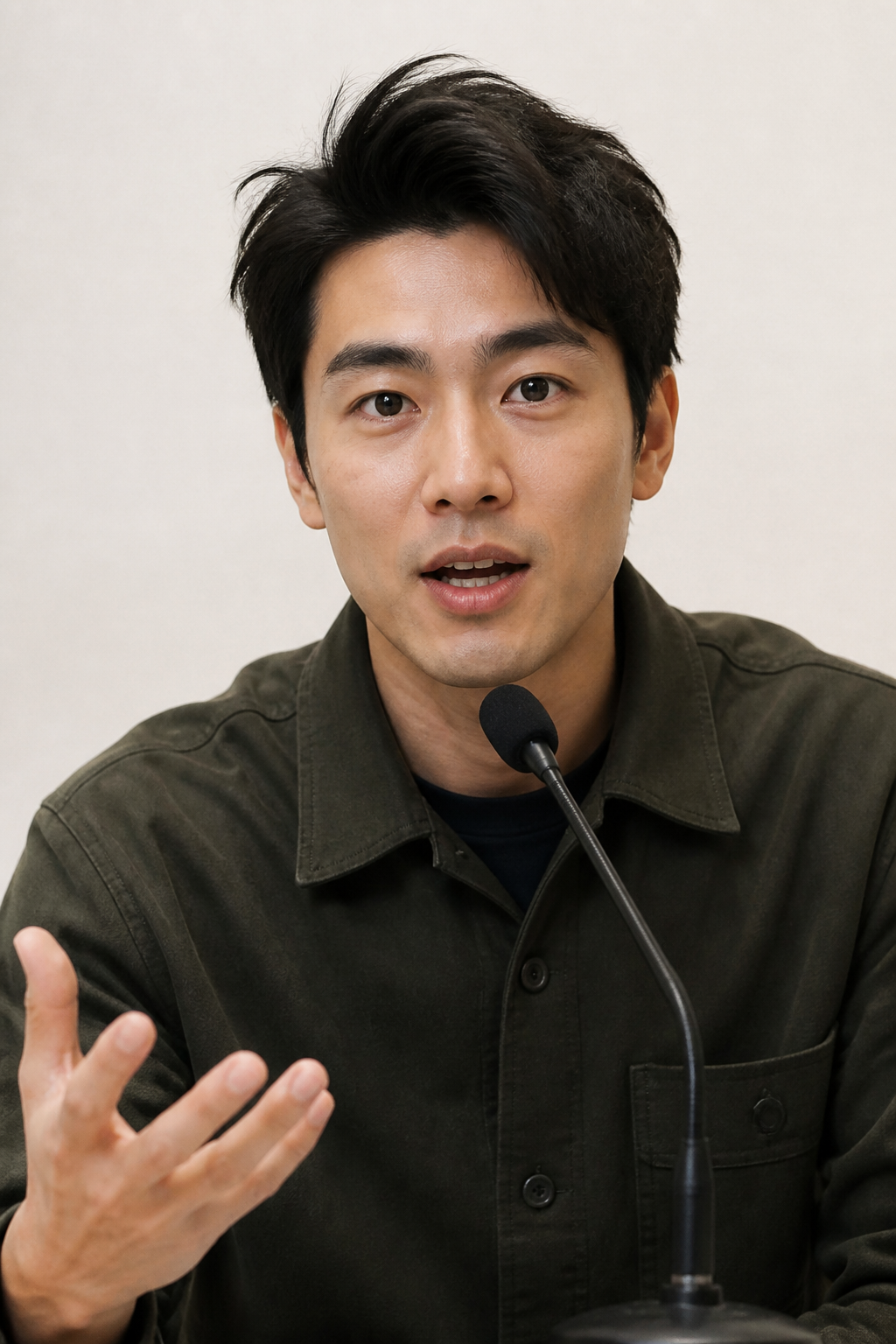 A student speaking into a microphone